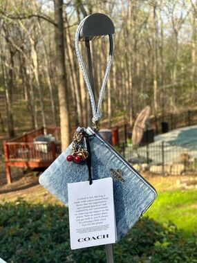 Coach Light Blue Denim Zip Wallet with Gold Logo C charm and cherries NWT